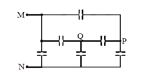 4muF मान के छ: एकसमान संधारित्र चित्रानुसार जुड़े हुए हैं। बिन्दु M और N के बीच तुल्य धारिता की गणना कीजिए।