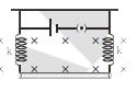25cm लम्बाई तथा 10 gm द्रव्यमान की एक धात्विक छड़ को दो स्प्रिंगों से चित्रानुसार लटकाया गया है। स्प्रिंगें 4cm सेविस्तारित हो जाती है। जब 20 एम्पियर की धारा छड़ में से प्रवाहित होती है तो यह 1 cm से ऊपर उठ जाती है। चुम्बकीय क्षेत्र ज्ञात कीजिए। (गुरूत्वीय त्वरण का मान 10 m//s^2)