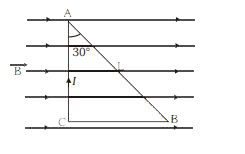 चुम्बकिय क्षेत्र B में रखें तार के धारावाही लूप के सम्बन्ध में निम्न निष्कर्षों पर विचार कीजिये       B   A. तार के अल्पांश AC पर बल का परिमाण sqrt(3)/2 ILB  तथा दिशा कागज के तल के अन्दर की ओर होगी।   B. तार के अल्पांश AB पर बल का परिमाण sqrt(3)/2 ILB तथा दिशा कागज के तल के अन्दर की ओर होगी।    C. लूप ABCA पर कुल बल शून्य होगा उपरोक्त में से असत्य है?