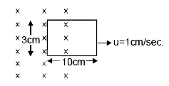 10cm व 3cm भुजा का एक आयताकार लूप 0.5 T के चुम्बकीय क्षेत्र में चित्रानुसार 1cm//sec. के वेग से गति कराने के लिए आवश्यक यांत्रिक बल होगा ( लूप का प्रतिरोध 1mOmega  ):-