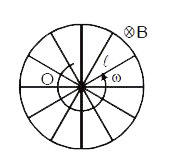 l लम्बाई के तीनों (spokes) वाला एक चालक साइकल का पहिया समरूप अनुप्रस्थ चुम्बकीय क्षेत्र B में नियत कोणीय वेग Omega से स्वयं की ज्यामितीय अक्ष के परित चित्रानुसार घूर्णन कर रहा है। इसके केन्द्र व परिधी के मध्य प्रेरित वि. वा. बल ज्ञात करो।