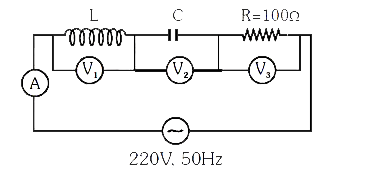 दिये गये परिपथ में वोल्टमीटर V(1) और V(2) दोनों के पाठ्यांक 300 वोल्टमीटर V(3) और A के पाठ्यांक क्रमशः होंगे :