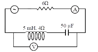चित्र में दिखाए अनुसार परिपथ में, A.C. स्रोत एक वोल्टता V=20 cos(2000t) देता है। स्रोत प्रतिरोध नगण्य है, वोल्टमीटर व अमीटर के पाठयांक होंगे :-