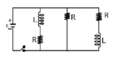 A circuit that contains three identical resistors with resistance R = 9.0 Omega  each,   two identical inductors with inductance L = 2.0 mH each, and an ideal battery with emf epsilon = 18  V . The current 'i' through the battery just after the switch closed