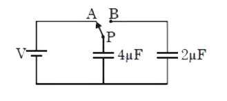 In the circuit shown in figure, initially the terminals A and P are connected together to change 4muF capacitor. Then battery is disconnected and the terminals P and B are connected together. Then the ratio of final charge and initial charge on 4muF capacitor is: