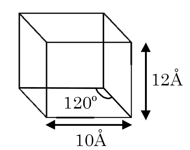 Compound A(2)B crystallise in hexagonal lattice at low temperature. Unit cell is shown as following figure:      Given:    Density of A(2)B=1/4.33gm cm^(-3)   N(A)=6xx10^(23)   mas of one molecule of A(2)B=36 amu   The number of unit cell present in 2.88kg of A(2)B is