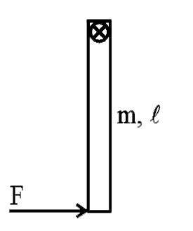 As shown in the figure rod of mass m and length l is hinged at O at one end and free to rotate in vertical plane. A force F of magnitude mg is applied on another end of rod which always act perpendicular to be rod. Force is start acting at time t=0 (as shown). Find vertical component of normal reaction acting on rod when rod become horizontal for 3rd time (given m=2 kg, l=1m, g=10m//s^(2))