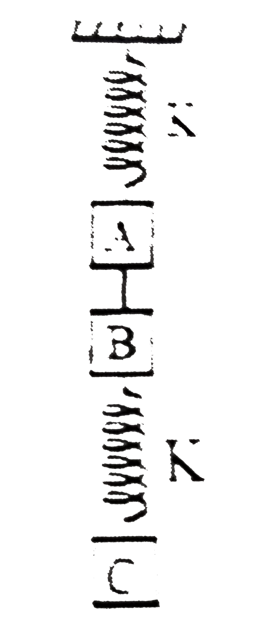 The system shown adjacent is in equilibrium. Find the acceleration of the blocks A,B &C all of equal masses m at the instant when   (Assume springs to be ideal)   (i) The spring between celling & A is cut.   (ii) The spring (inextensible) between A&B is cut.   (iii) The speing between B & C is cut.   Also find the tension in the string when the system is at rest and in the above 3 cases.