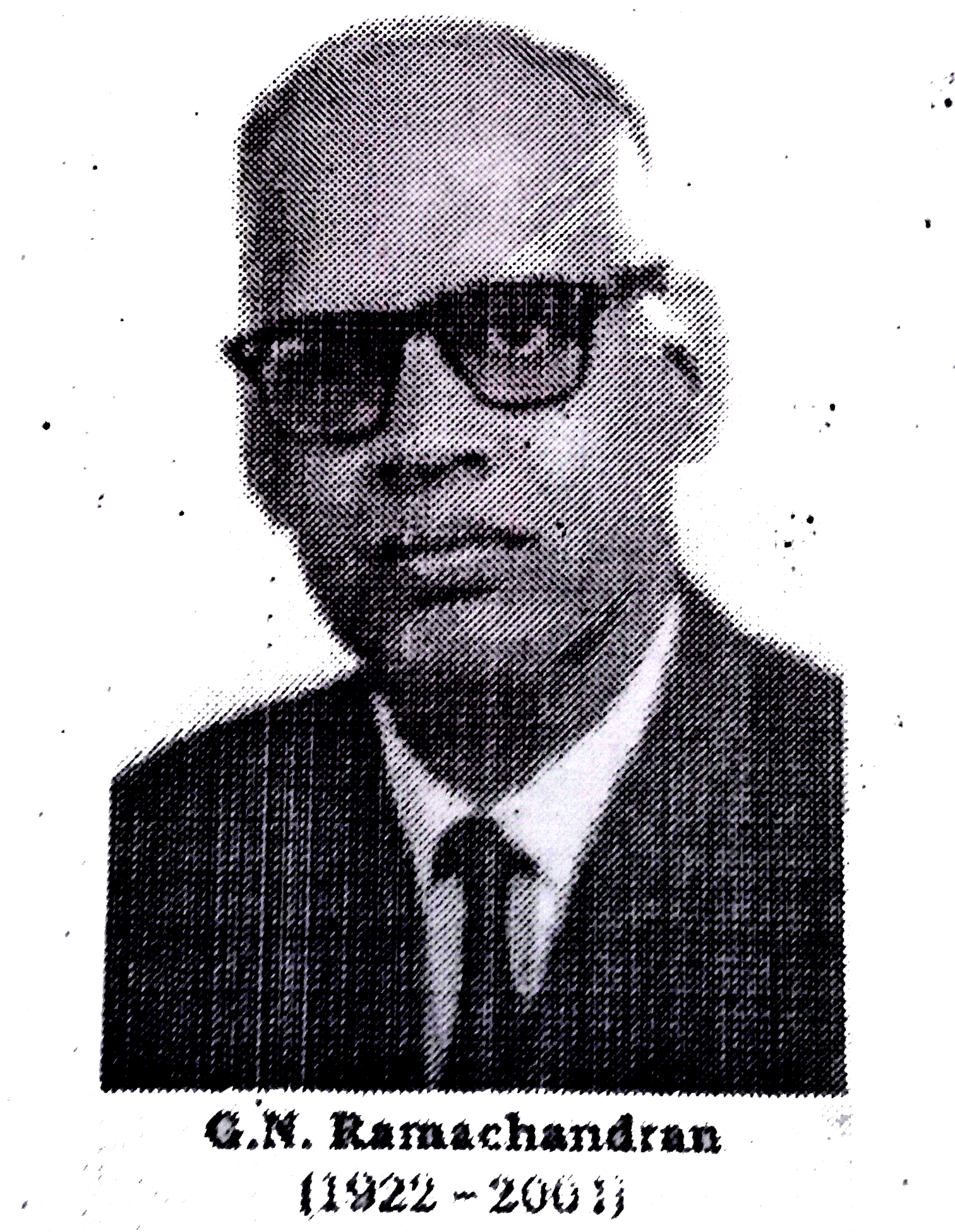 G.N. RAMACHANDRAN, an outstanding figure in the field of protein structure, was the founder of the ‘Madras school’ of conformational analysis of biopolymers. His discovery of the triple helical structure of collagen published in Nature in —————- and his analysis of the allowed conformations of ——————through the use of the ‘Ramachandran plot’ rank among the most outstanding contributions in structural biology.