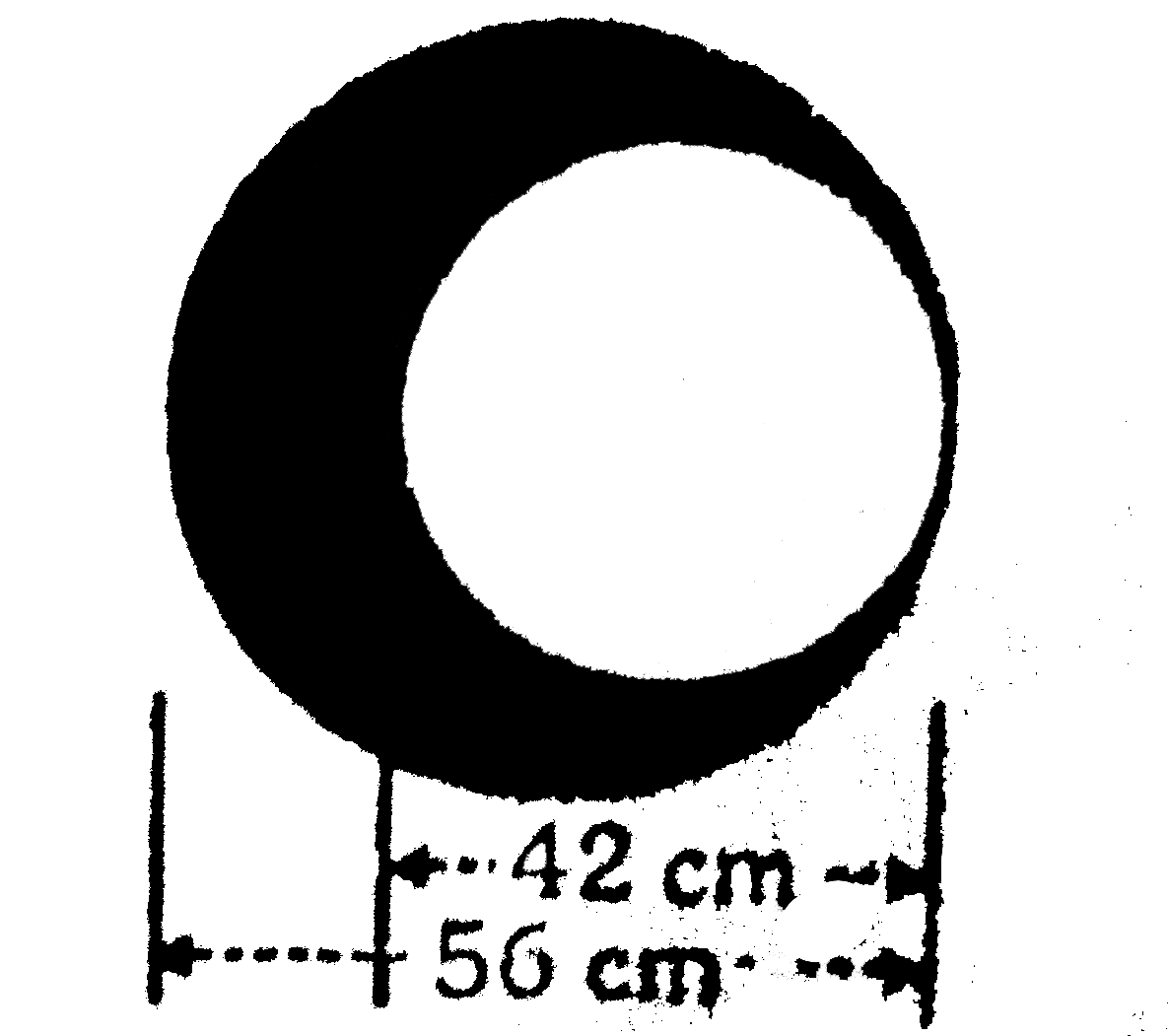 A circular plate of uniform thickness has a diameter of 56 cm. A circular portion of diameter 42 cm is removed from one edge of the plate as shown in figure. Find the position of the centre of mass of the remaining portion.