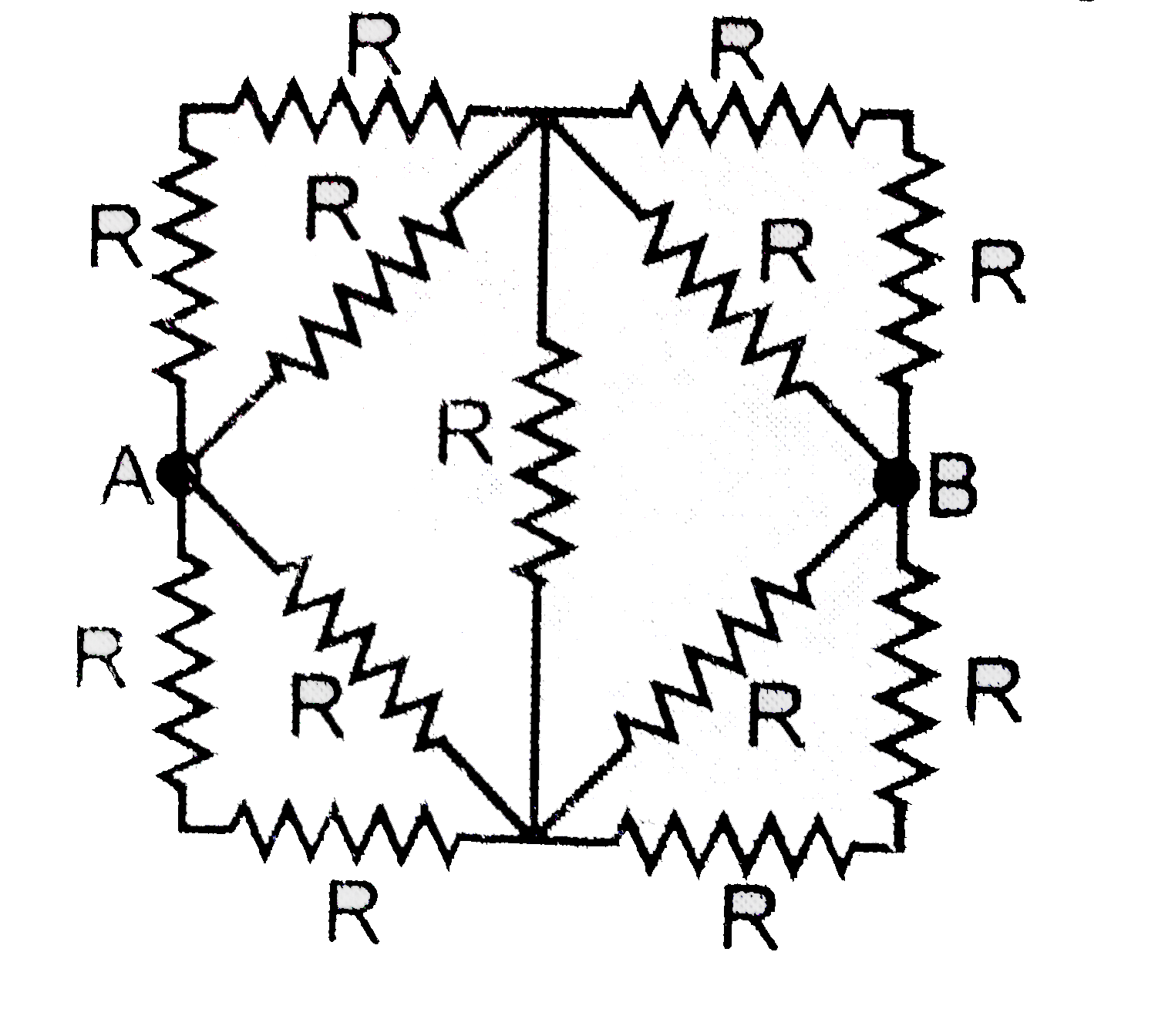 Thirteen resistance ach of resistance R ohm are connected in the circuit as shown in the figure. The effective resistance between A and B is:-