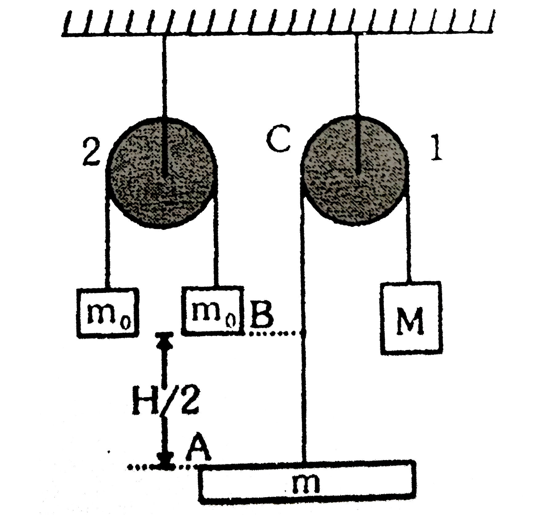 Consider the system shown in figure. We know the masses of bodies : m = 1 kg, M = 3 kg. The distance AB = BC = H//2 are covered in equal time intervals by the body of mass m and at B it undergoes an elastic collision with a stationary body of mass m(0) (unknown). Time after this collision when the string in pu,,ey 2 becomes tight again is t(0). t(0) is second. t(0)^(2) is equal to 1//x. Value of (x)/(10) is. (Given : H = 1m )