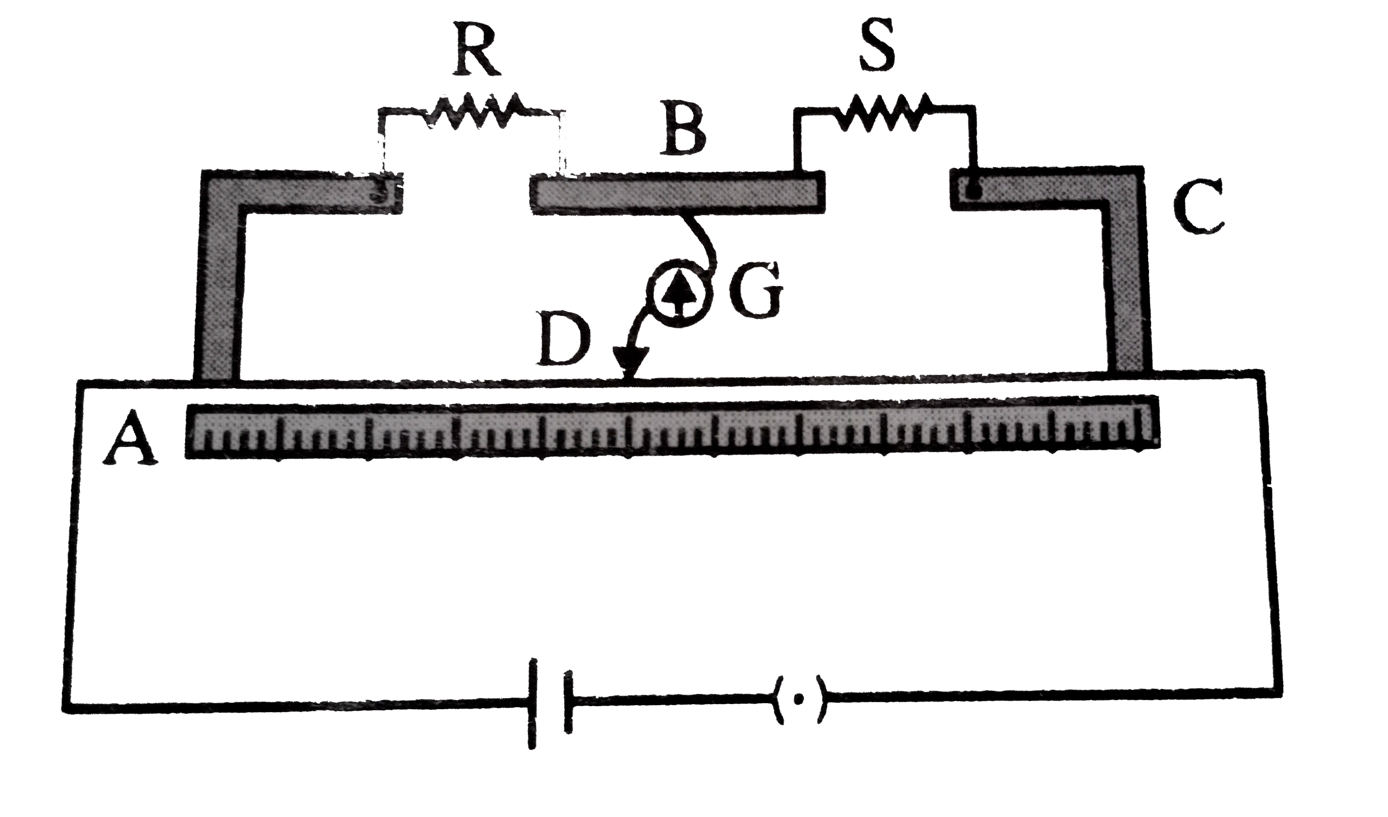 Circuit diagram of metre bridge is shown in figure. The null point is found at a distance of 40cm from A. it now a resistance of 12Omega is connected in parallel with S, the null point occurs at 64cm.
