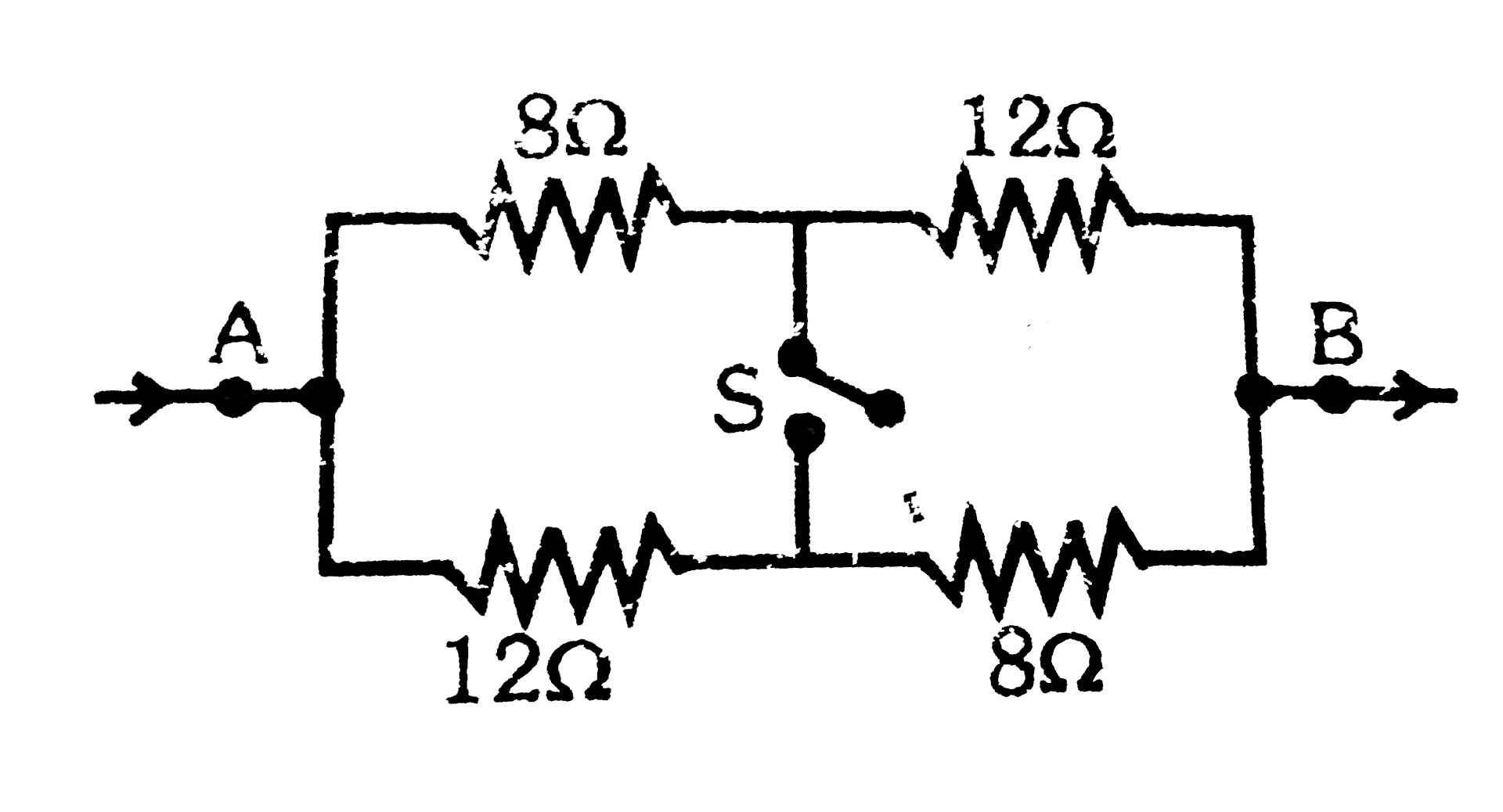 Calculate the equivalent resistance of the resistance network between the points A and B as shown in the figure, when switch S is closed.