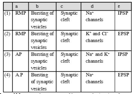 Label a, b, c, d and e are given below in the diagram of synaptic transmission :-