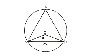 ऊपर के चित्र में वृत्त का केंद्र है O  है , OA =3 सेमी AC= 3 सेमी और OM , AC पर लम्ब है। angleABC किसके  बराबर है ?