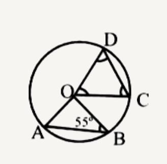 In the given figure, chords AB and CD are equal. If angle OBA = 55^(@) then angle COD is :