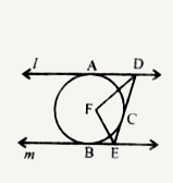 In fig. l and m are two parallel tangents at A and B. The tangent at C makes an intercept DE between l and m. Find angle DFE.