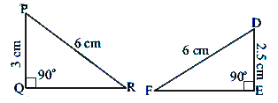 In the figures given below, measures of some parts of triangles are given. By applying RHS congruence rule, state which pairs of triangles are congruent. In case of congruent triangles, write the result in symbolic form.