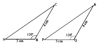 Two triangles DeltaCAB and Delta RPQ are given below. Check whether the two are congurent? If they are congruent, what can you say about the measures of the remaining elements of the triangles.