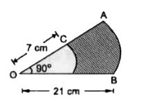 AB और CD केन्द्र तथा त्रिज्याओं 21cm और 7cm वाले दो संकेन्द्रीय वृत्तों के क्रमशः दो चाप हैं। यदि angleAOB =30°है तो, छायांकित भाग का क्षेत्रफल ज्ञात कीजिए।