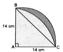 आकृति में, ABC त्रिज्या 14cm वाले एक वृत्त का चतुर्थाश है। तथा BC का व्यास मानकर एक अर्द्धवृत्त खींचा गया है।छायांकित भाग का क्षेत्रफल ज्ञात कीजिए।
