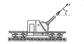 A railway flatcar whose mass together with the artillery gun is M moves at a speed V along the x-axis       The gun barrel makes an angle a with this axis. A projectile of mass m leaves the gun at speed v (relative to the gun) in the direction of the flatcar's motion. Find the speed of the flatcar after the gun has been fired. What should the speed of the flatcar be for it to stop after the firing? Neglect friction.    Put M = 10 tons, m = 120 kg, V = 6.0 mis, v = 900 m/s, alpha = 30°.