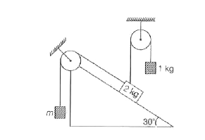 A system containing masses and pulleys  connected on an inclined plane is shown in the figure If the system is in equilibrium then the value of m is
