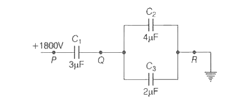 In the circuit shown in figure, if the point R is earthed and point P is given a potential of +1800V, then charges on C(2)andC(3) are respectively
