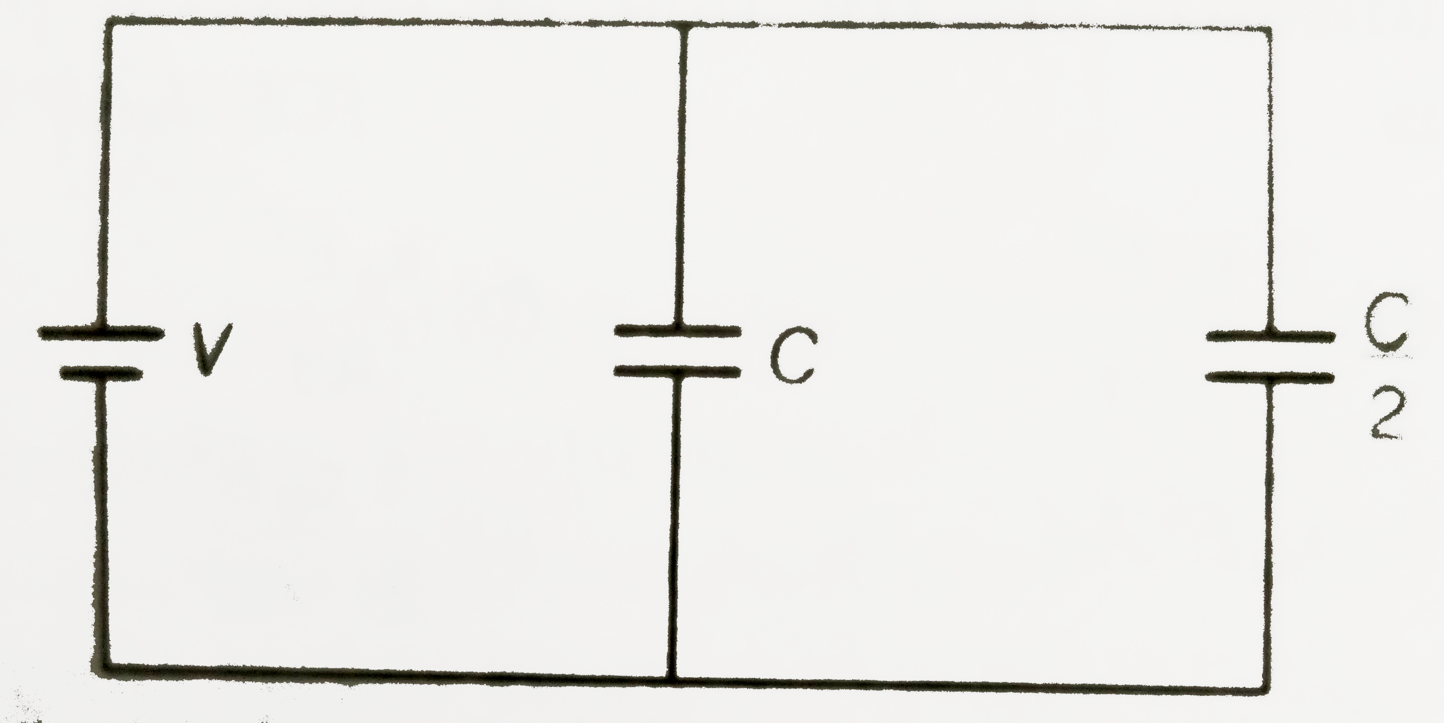 Two condensers, one of capacitor C and the other of capacity (C)/(2), are connected to a V volt battery, as shown.      The work done in charging fully both the condensers is