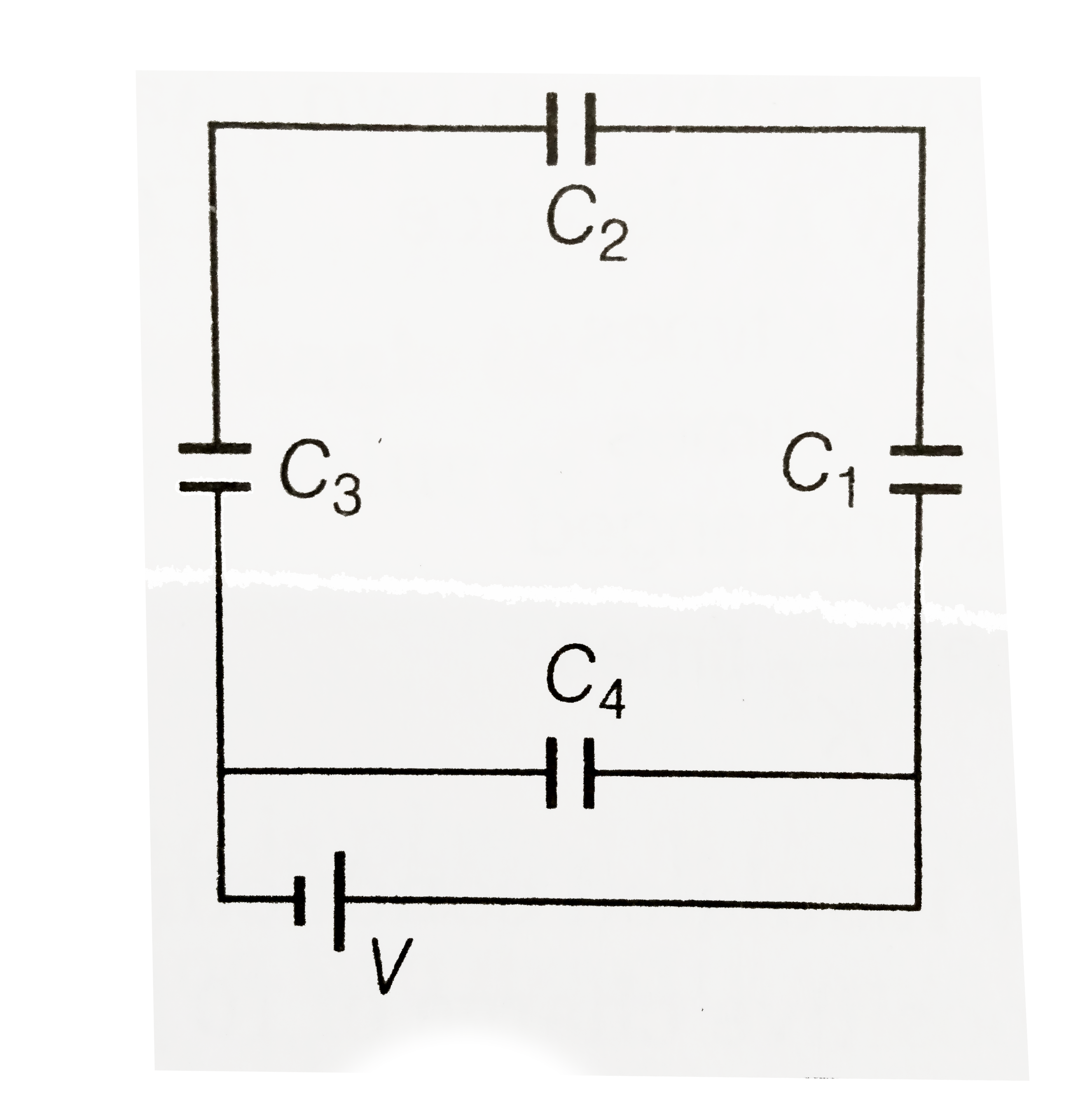 A network of four capacitors of capacity equal to C(1) = C, C(2) = 2C, C(3) = 3C and C(4) = 4C are connected to a battery as charges on C(2) and C(4) is