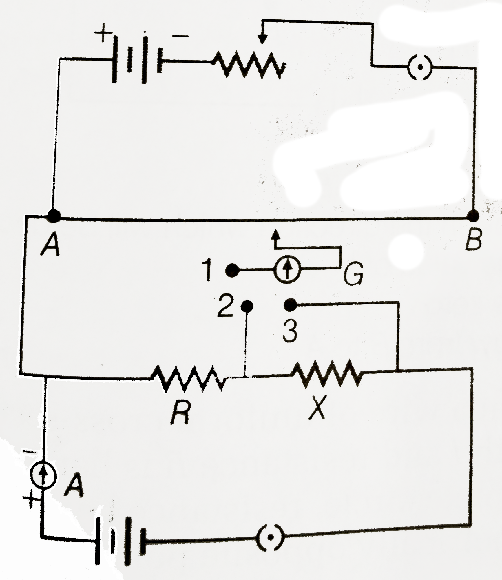 A potentiometer circuit is set up as shown. The potential gradient across the potentiometer wire, is k volt/cm and the ammeter, present in the circuit, reads 1.0A when two way key is switched off. The balance points , when the key between the terminals (a) 1 and 2 (b) 1 and 3 , is plugged in, are found to be at length l(1)cm