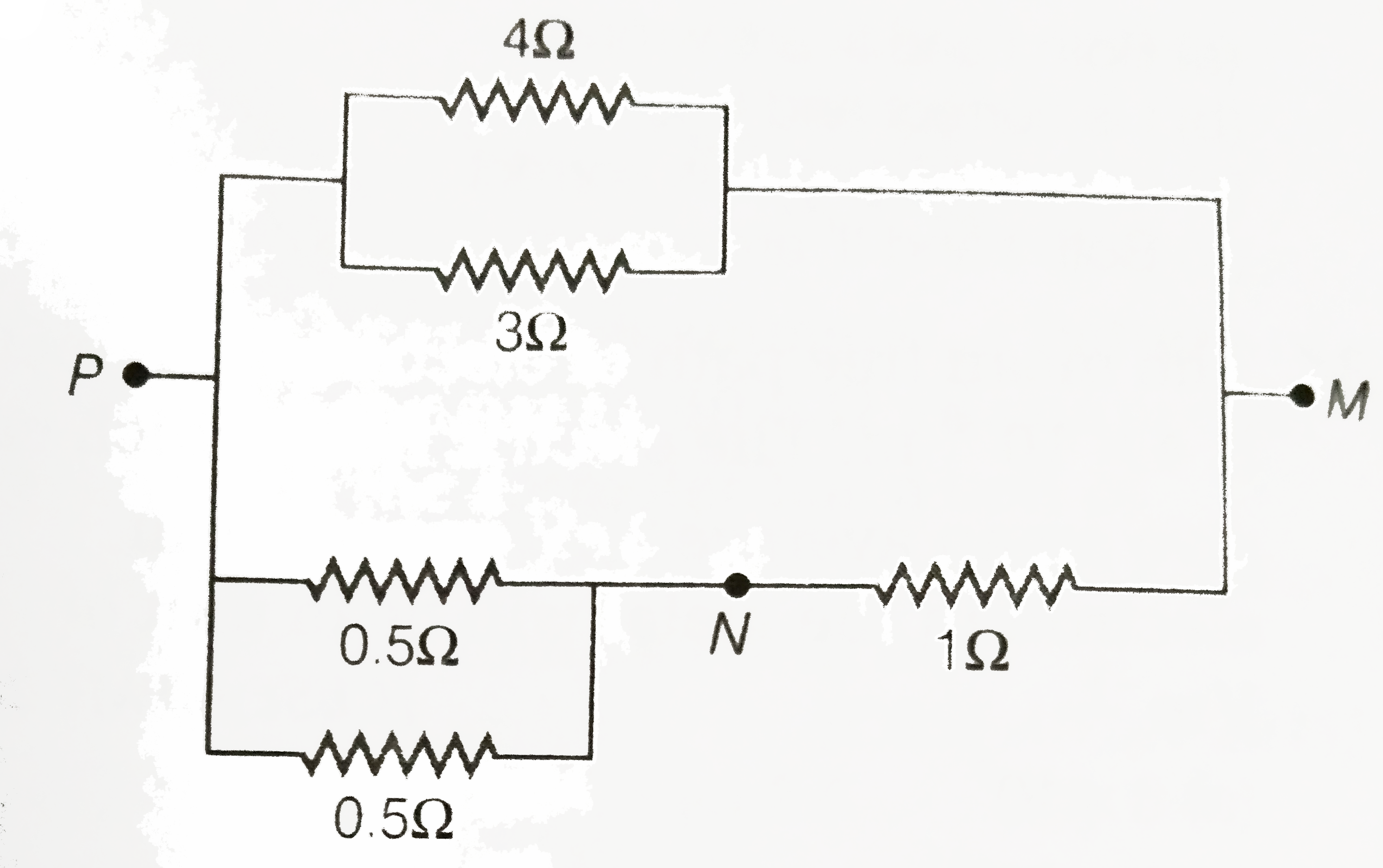 In the circuit shown, the current throuhg the 4Omega resistor is 1A when the points P and M are connected to a DC voltage source. The potential difference between the points M and N is
