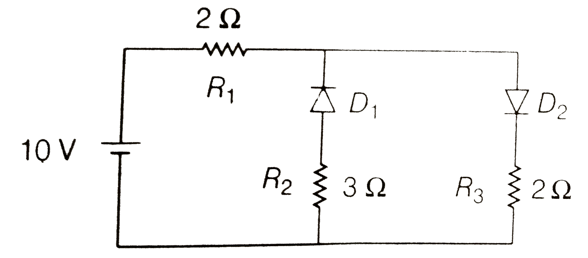 The given circuit has two ideal diodes connected as shown in the figure below. The current flowing through the resistance R(1) will be