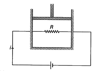 A 500 Omega resistor connected to an external battery is placed inside a thermally insulated cylinder fitted with a frictionless pistion. The cylinder contains an ideal gas. A current i of 200mA flows through the resistor as shown in the figure. The mass of the piston is 10kg. Assuming g = 10m//s^(2), the speed at which the piston will move upward, due to heat dissipated by the resistor, so that the temperature of the gas remains unchanged is