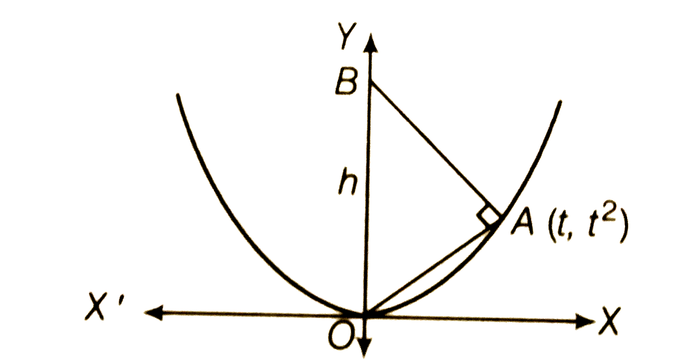 The figure shows a right triangle with its hypotenuse OB along the Y-axis and its vertex A on the parabola y=x^(2).      Let h represents the length of the hypotenuse which depends on the x-coordinate of the point A. The value of lim(t to 00)(h) is equal to