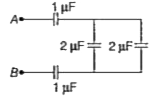 Four capacitors whose capacitances are indicated in muF are connected in the circuit given below. Calculate the equivalent capacitance between the point A and B.