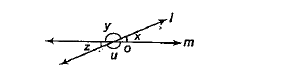 Lines l and m intersect at O, forming angles as shown in figure. If x=45^(@), then values of y,z and u are respectively