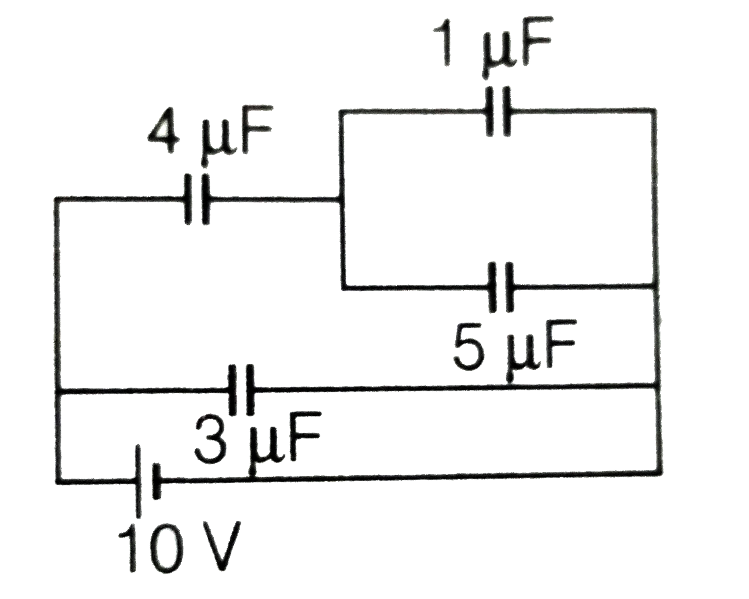 The cahrge on 4muF capacitor in the given circuit (in muC) is