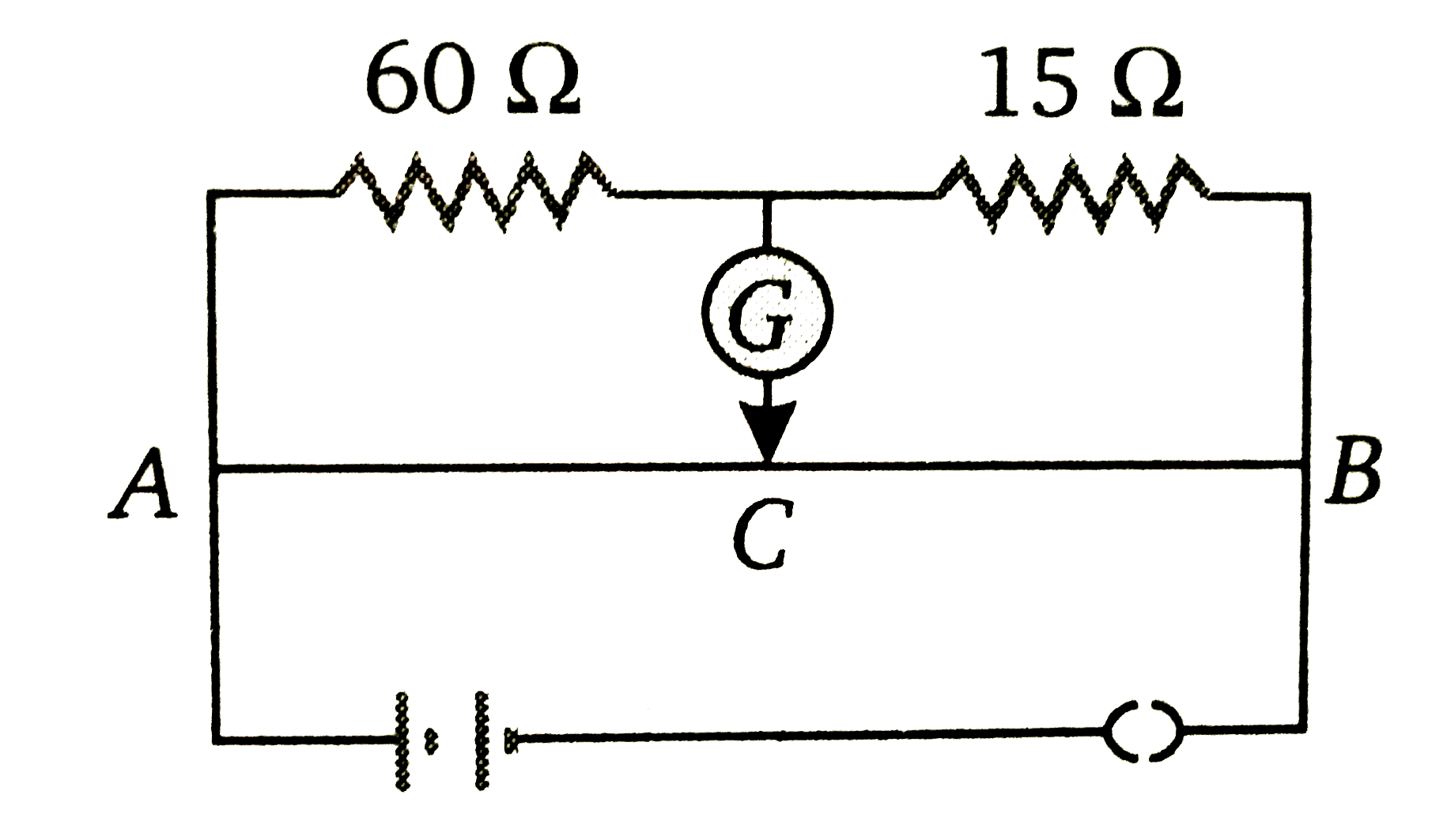 If there is no deflection in the galvanometer connected in a circuit shown in figure, then the ratio of lengths AC/CB is