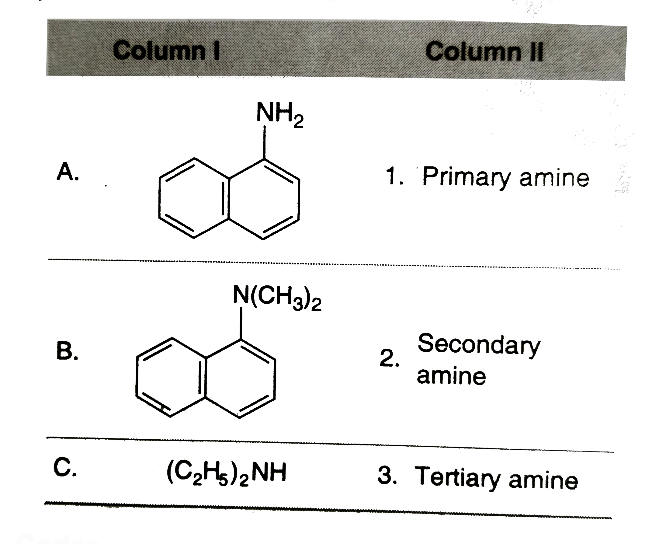 Match the amines given in Column I with their classification in the Column II and choose th'e correct option from the codes given below.