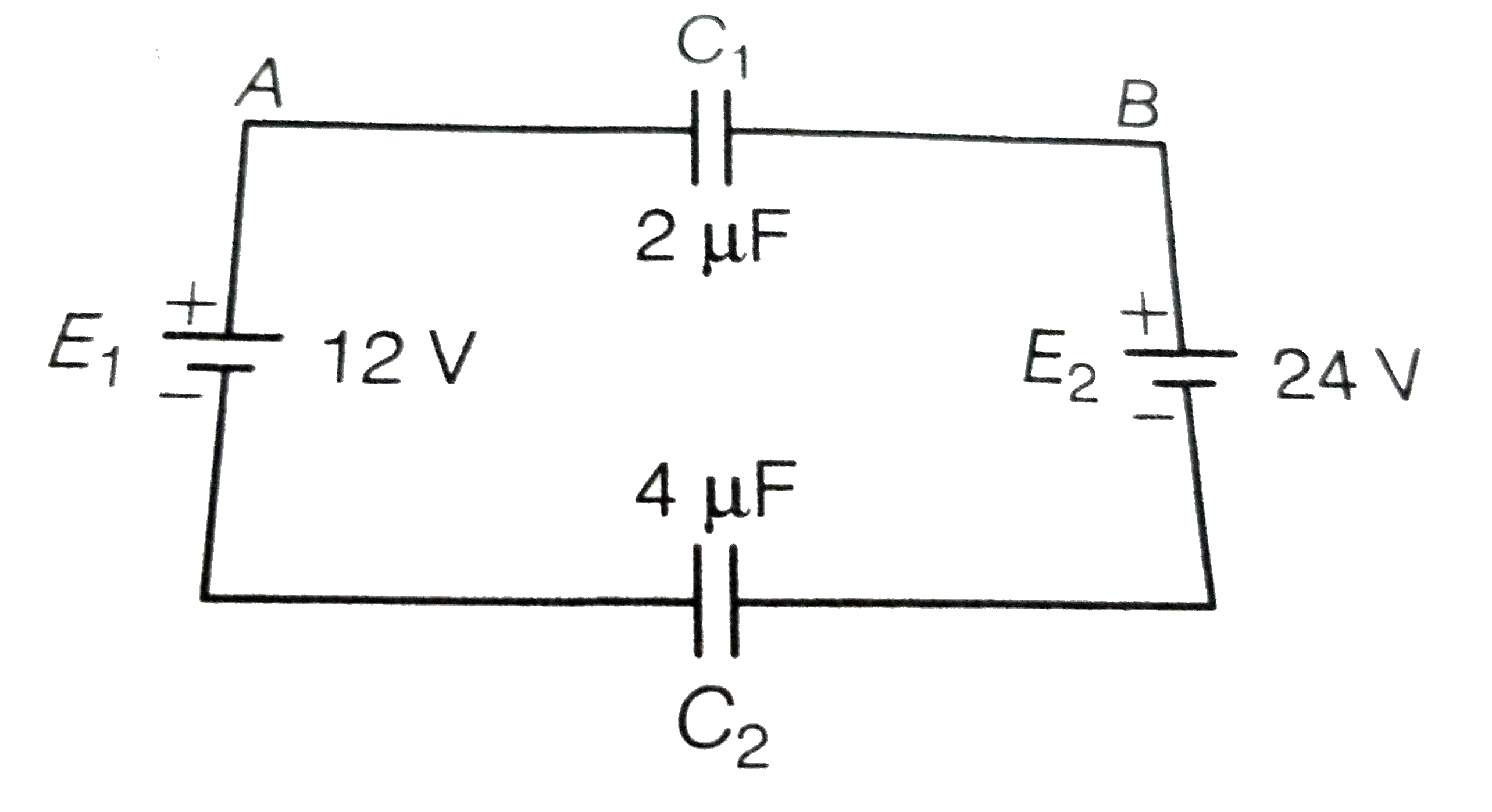 Two capacitors C(1) and C(2) are connected in a circuit as shown in figure. The potential difference (V(A)-V(B)) is