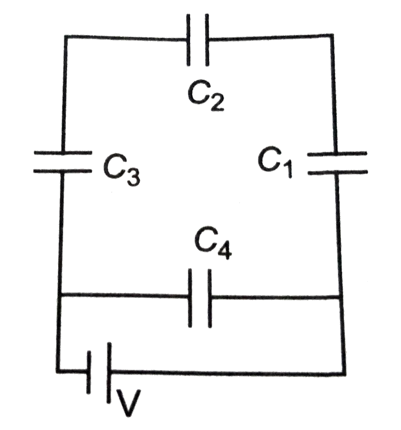 A network of four capacitors of capacities equal to C(1)=C,C(2)=2C, C(2)=3C and C(4)=4C  are connected to a battery as shown in the figure.      The ratio of the charges C(2) and C(4) is