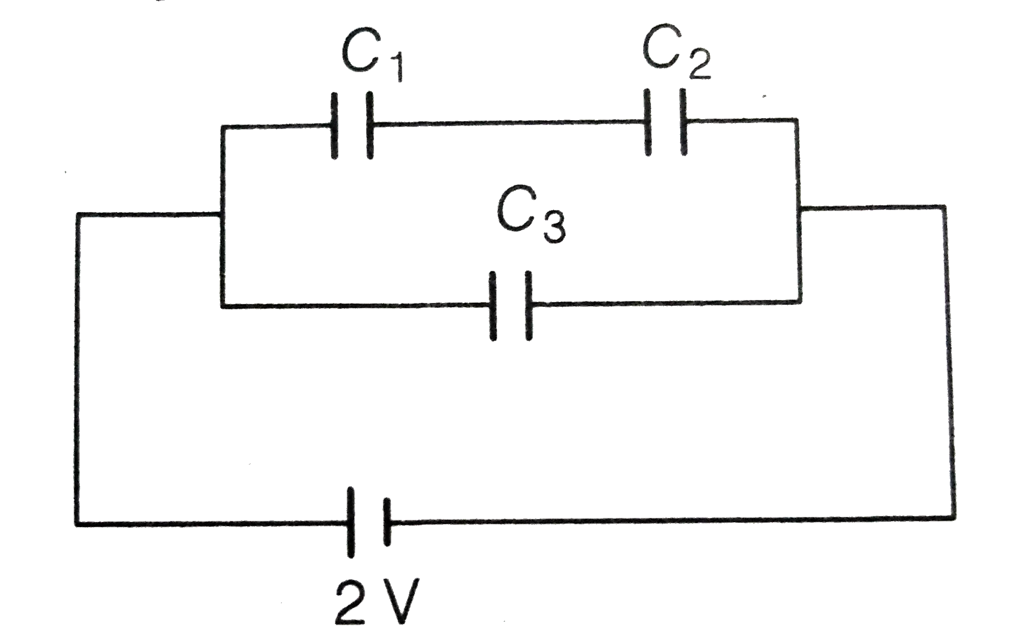 Two capacitor C(1)=2muF and C(2)=6muF are in series order connected is parallel to a third capacitor C(3)=4muF. This combination is connected to 2 V battery. In charging these capacitor energy consumed by the battery is