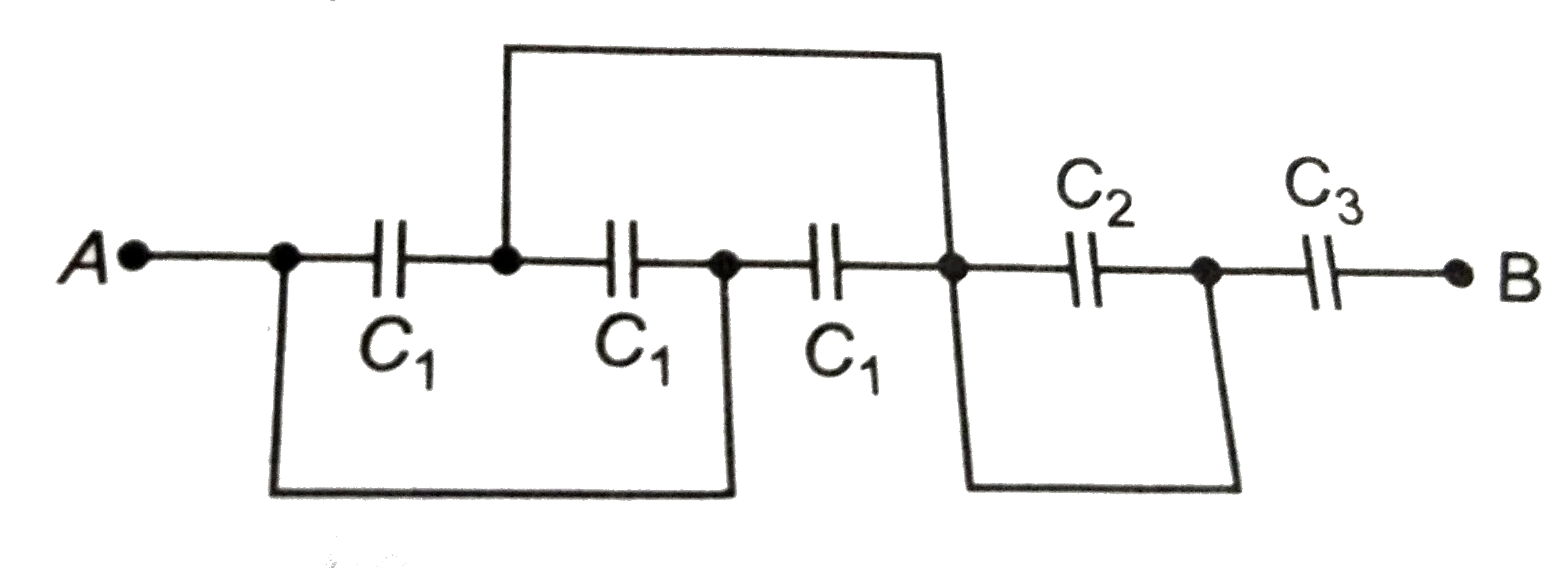 A circuit is shown in figure for which C(1)=(3pm 0.011)muF, C(2)=(5pm 0.01)muF and C(3)=(1pm 0.01)muF. If C is the equivalent capacitance across AB, then C is given by