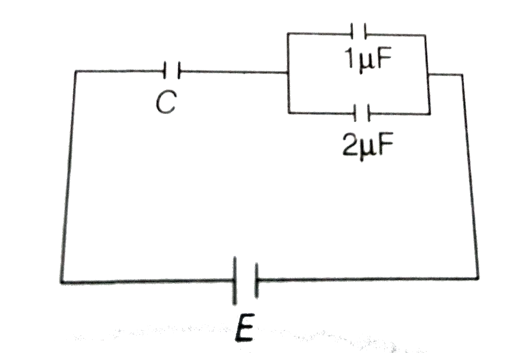 In the given circuit, charge Q(2) on the 2muF capacitor changes as C is varied from 1muF to 3muF. Q(2) as a function of C is given property by (figures are drawn schematically and are not to scale)