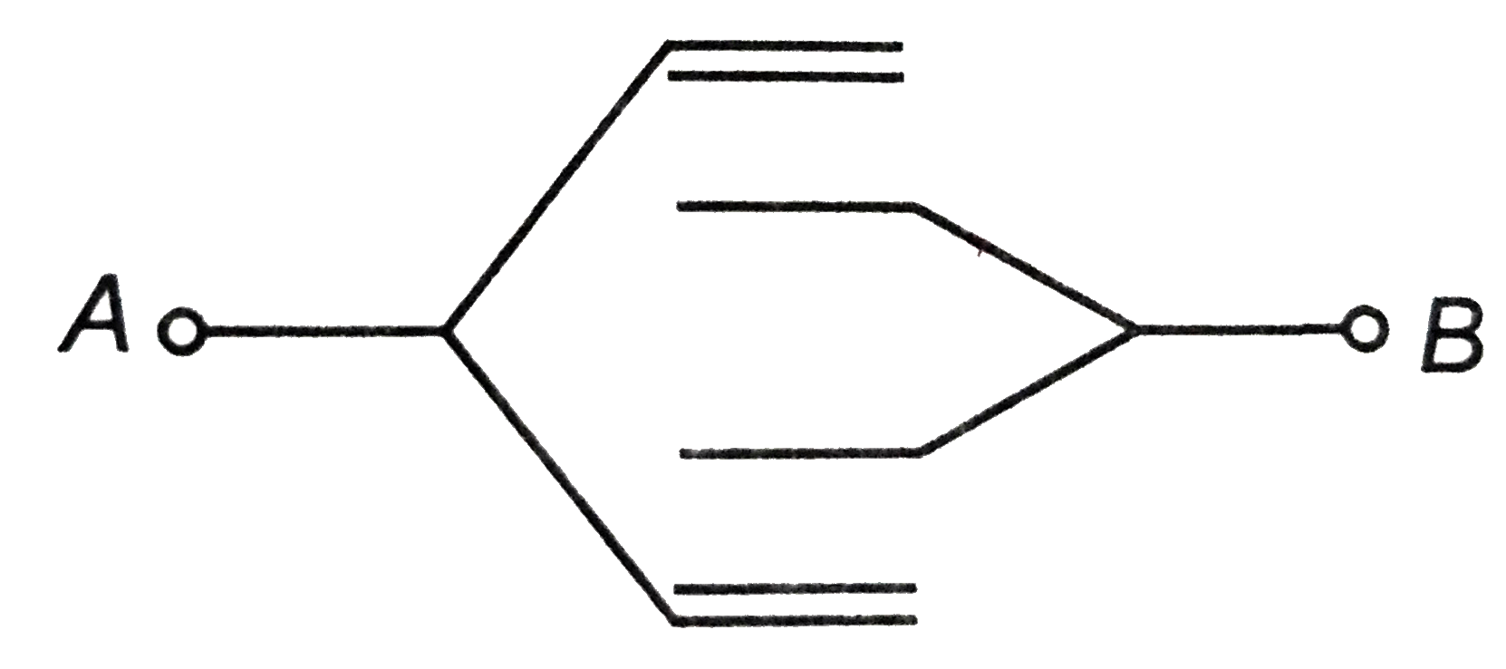 Four plates of equal area A are separated by equal distance d and are arranged as shown in the figure. The equivalent capacity