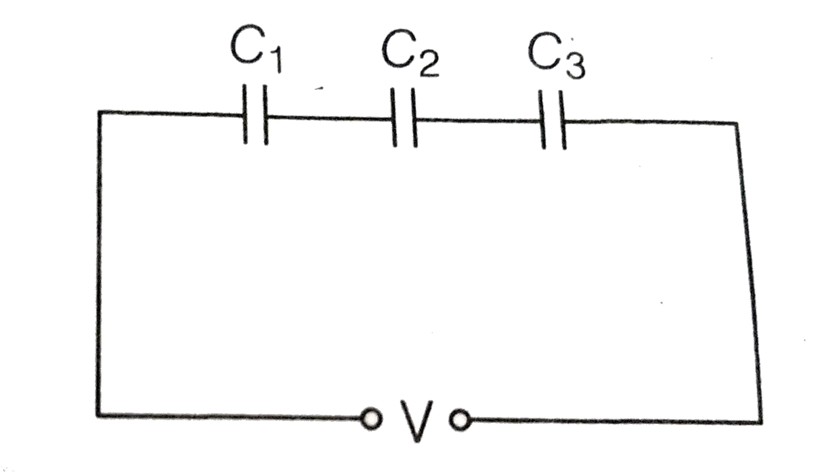 In the given figure, three capacitors each of capacitance 6 pF are connected in series. The total capacitances of the combination becomes