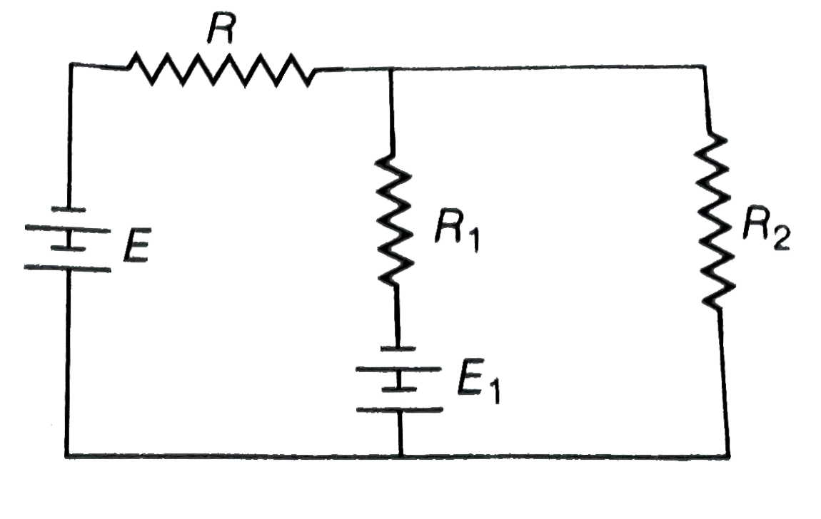 Figure shows a circuit with known resistances R(1) and R(2) . Neglect the internal resistance of the sources of current and resistance of the connecting wire . The magnitude of electromotive force E, such that the current through the resistance R is zero will be