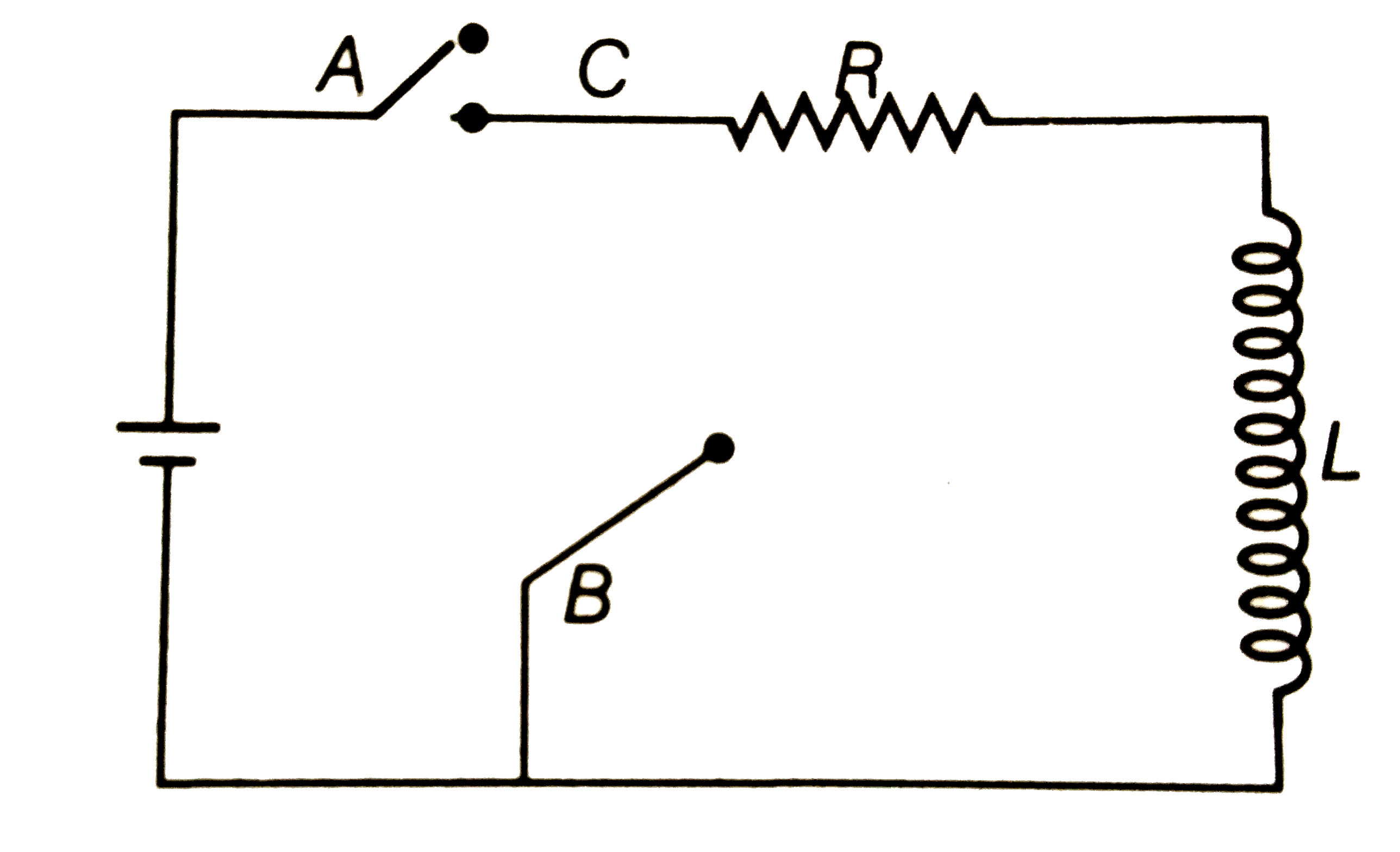 In the circuit shown here, the point C is kept connected to the point A till the current flowing through the circuit becomes constant. Afterward, suddenly ponit C is disconnected from point A and connected to point B at time t=0. ratio of voltage across resistance and the inductor at t=L/R will be equal to